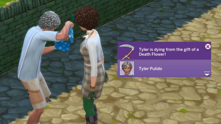 A screenshot from The Sims 4 showing a sim giving an elder the gift of a scented flower arrangement
