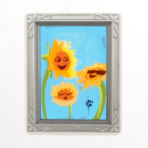 A screenshot from The Sims 4 showing a silver picture frame and three smiling sunflowers in the image