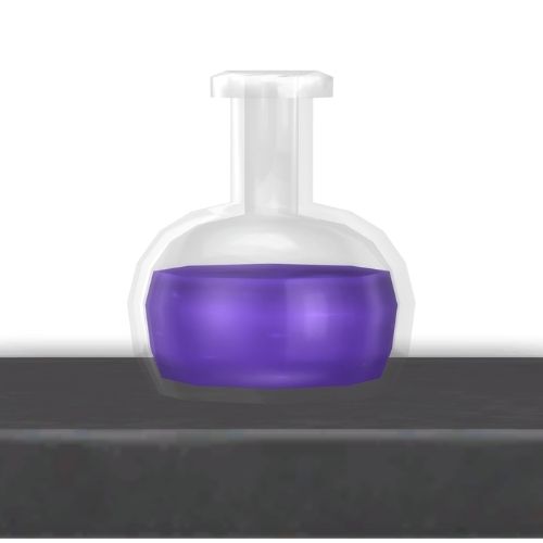 A screenshot from The Sims 4 showing a dark wooden shelf with a focused emotion potion on top