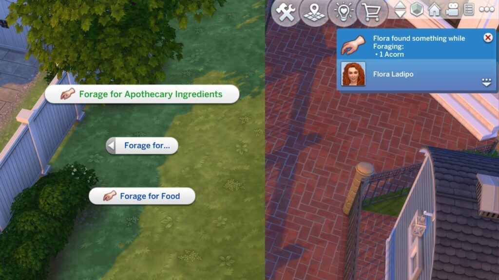 A screenshot from The Sims 4 showing how to forage for apothecary ingredients 