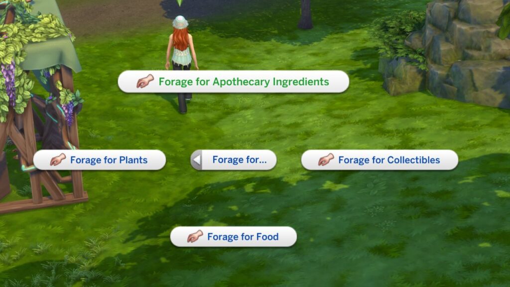 A screenshot from The Sims 4 showing the option to forage for apothecary ingredients 
