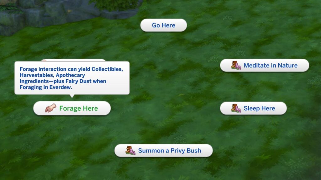 A screenshot from The Sims 4 showing how to forage on grass 
