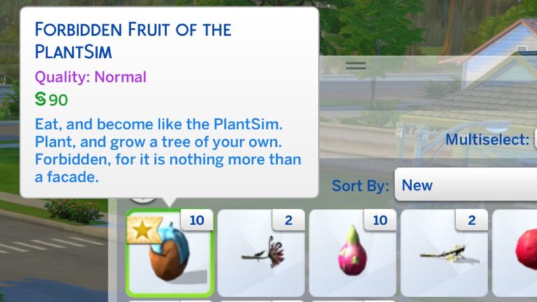 A screenshot from THe Sims 4 showing the forbidden fruit in a sim's inventory
