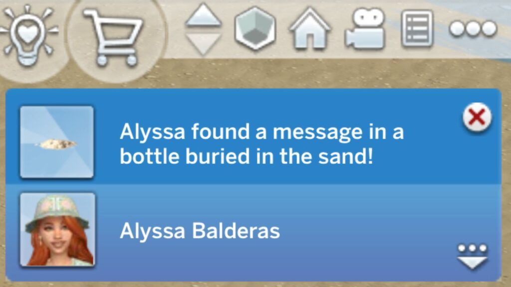 A screenshot from The Sims 4 showing the notification you get when you find a message in a bottle