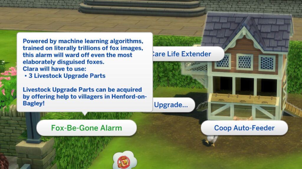 A screenshot from The Sims 4 showing the fox-be-gone alarm upgrade