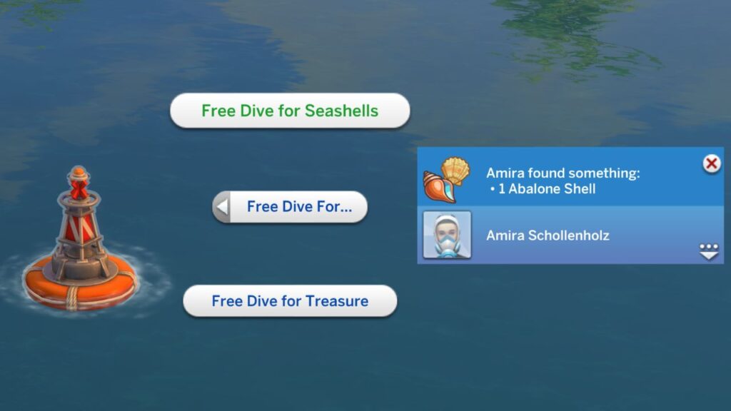 A screenshot from The Sims 4 showing the option to free dive for sea shells on a buoy 