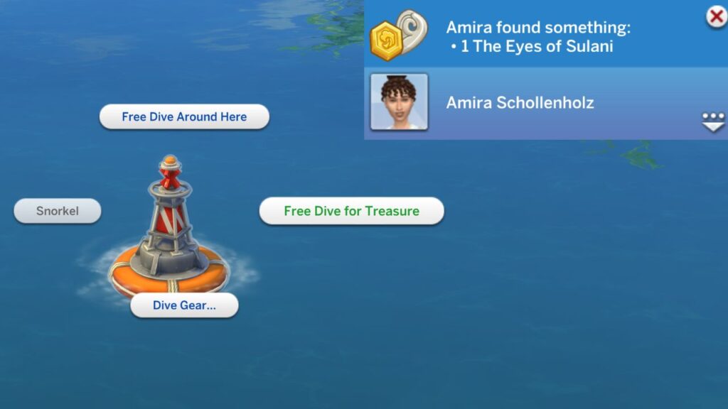 A screenshot from The Sims 4 showing how to free dive for treasure in the ocean 