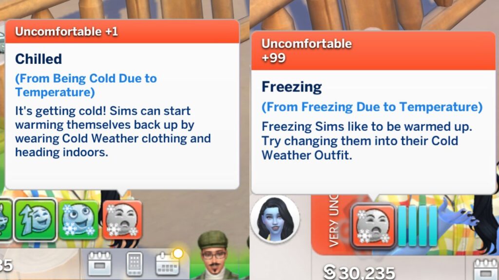 A screenshot from The Sims 4 showing moodlets for freezing 