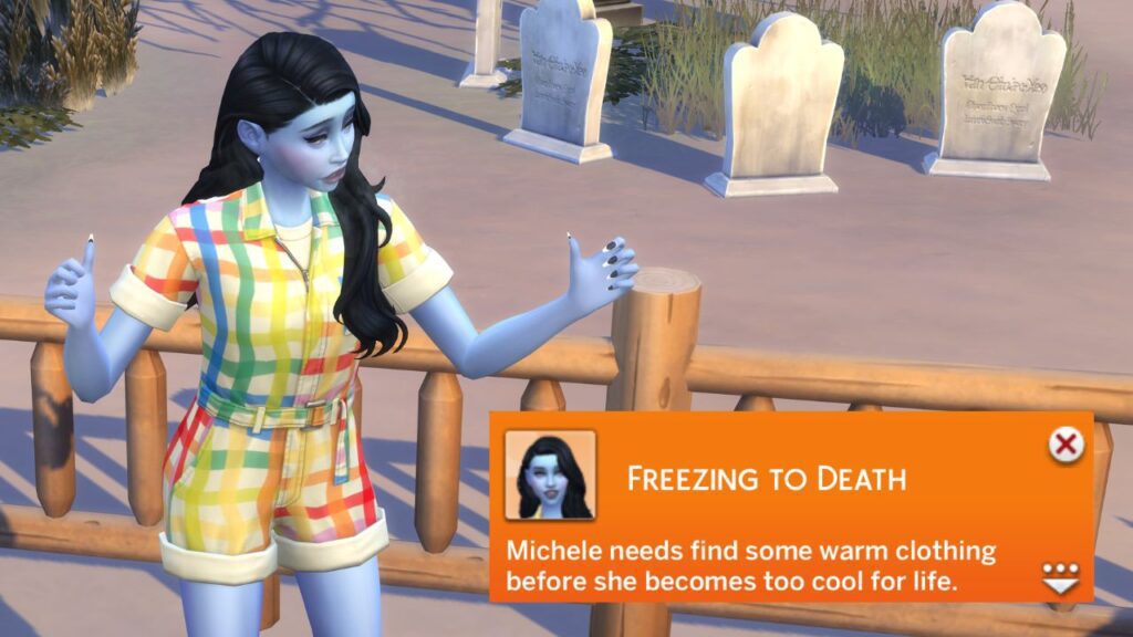 A screenshot from The Sims 4 showing the freezing to death notification 