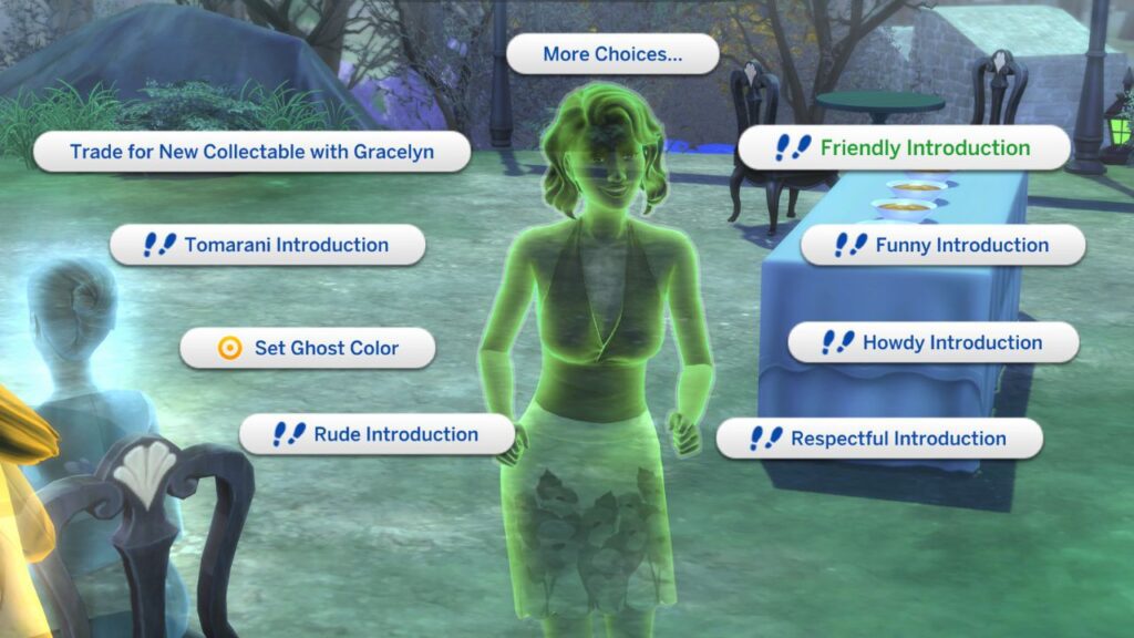 A screenshot from The Sims 4 showing how to meet a ghost with a friendly introduction