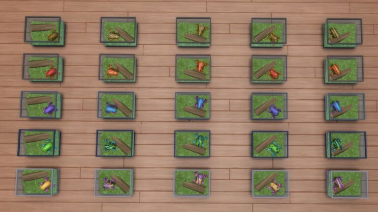 A screenshot from The Sims 4 showing every frog sitting on the ground