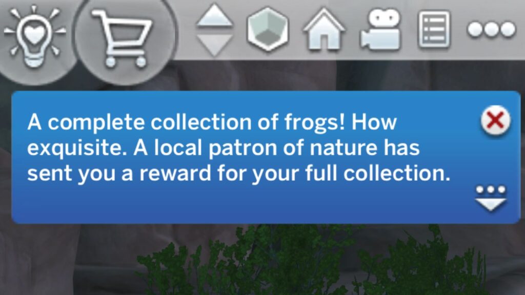 A screenshot from The Sims 4 showing the notification you get after finishing the frog collection