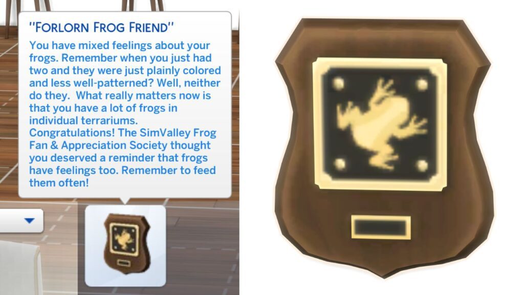 A screenshot from The Sims 4 showing the forlorn frog friend plaque