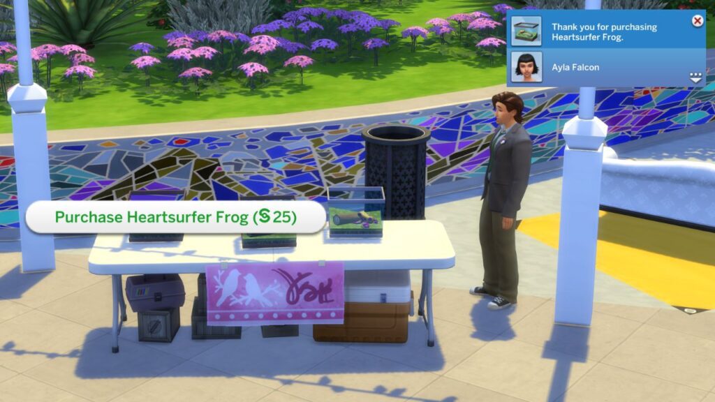 A screenshot from The Sims 4 showing a sim at the flea market selling frogs