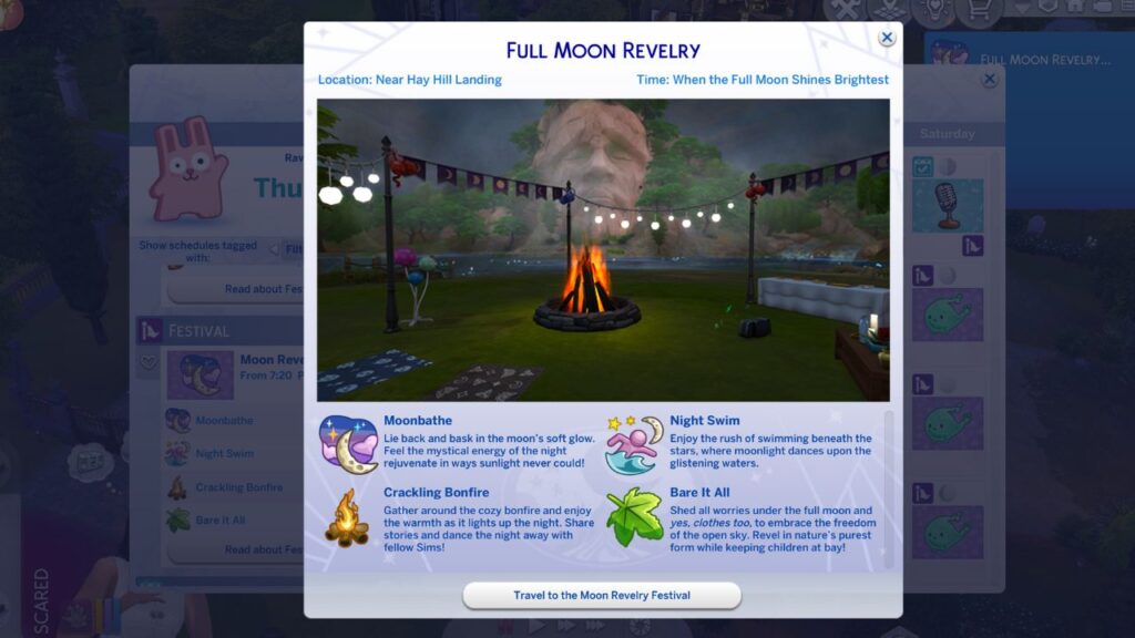 A screenshot from The Sims 4 showing the full moon revelry festival lot
