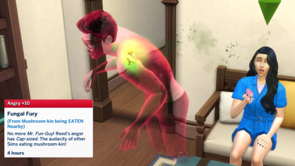 A screenshot from the sims 4 showing an angry ghost with the +10 Angry Fungal Fury moodlet because a sim behind them is eating a mushroom 