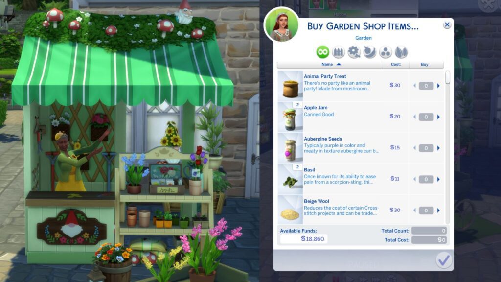 A screenshot from The Sims 4 showing how to purchase garden shop items in Finchwick