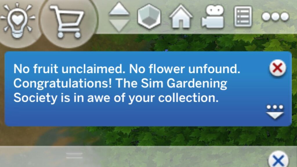 A screenshot from The Sims 4 showing the notification you get for finishing the gardening collection