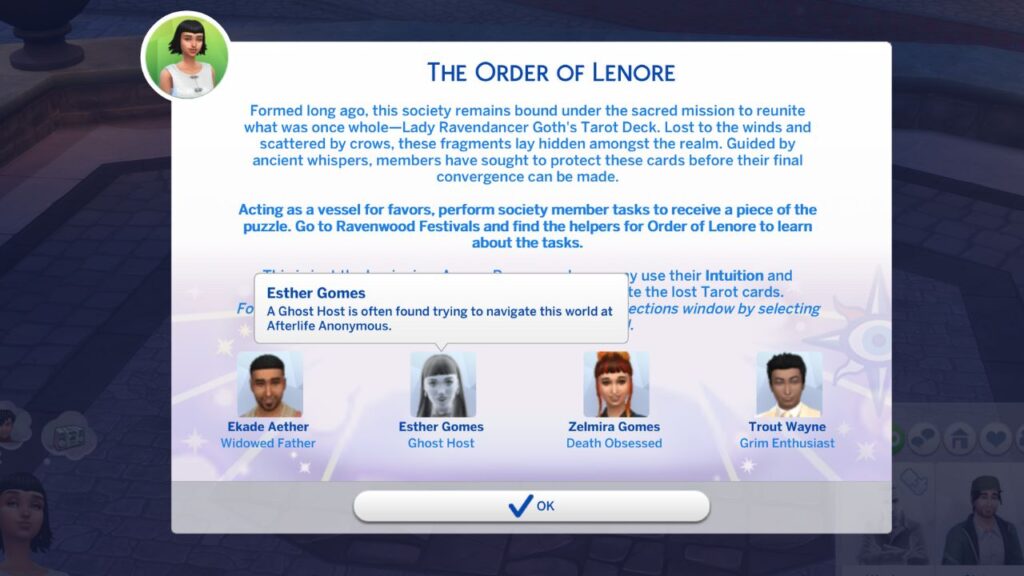 A screenshot from The Sims 4 showing The Order of Lenore