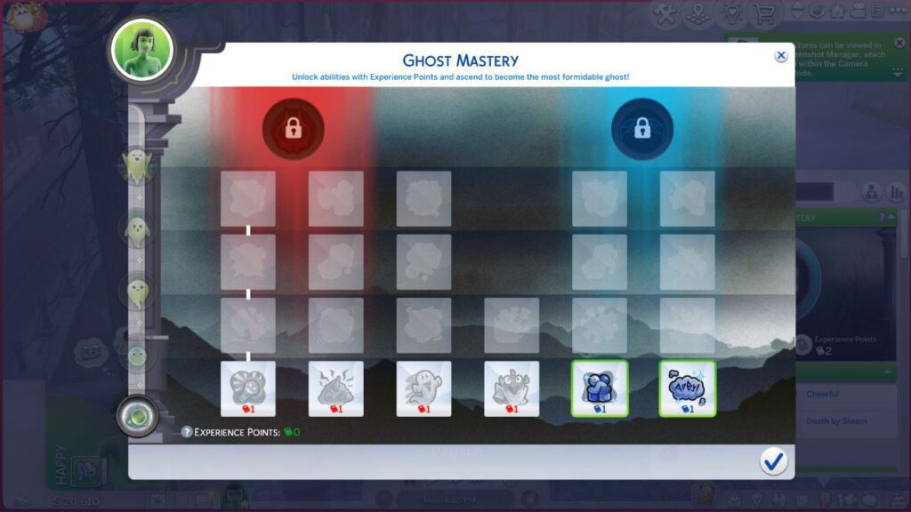 A screenshot from The Sims 4 showing the ghost mastery skill tree 
