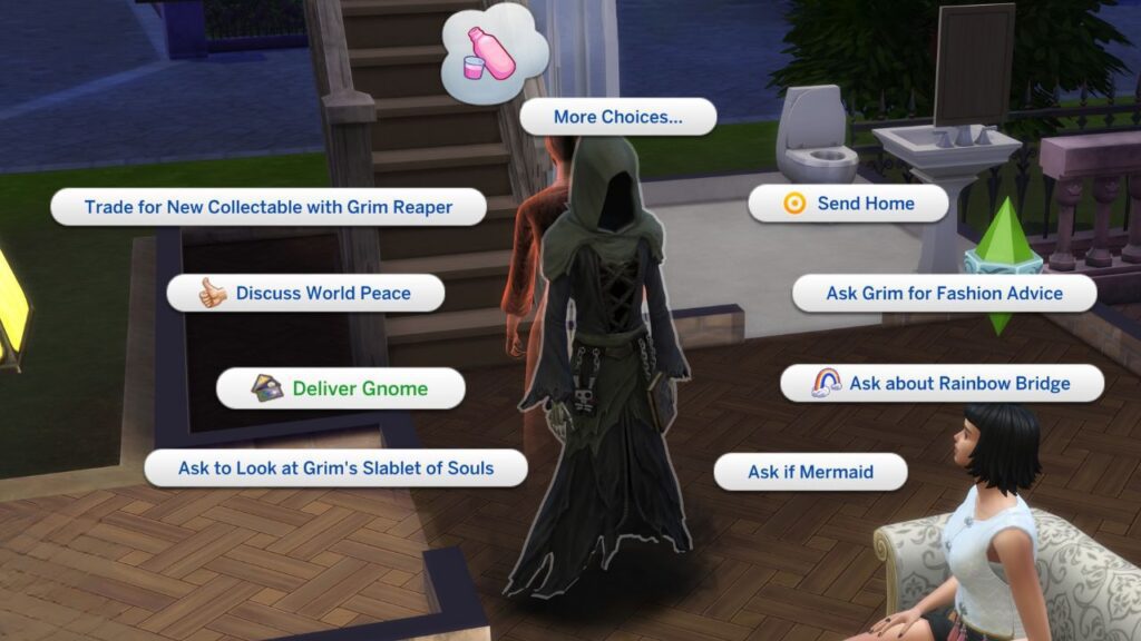 A screenshot from The Sims 4 showing how to give grim a gnome 
