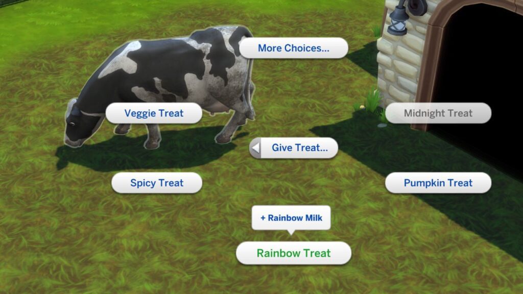 A screenshot from The Sims 4 showing how to feed a cow a rainbow treat