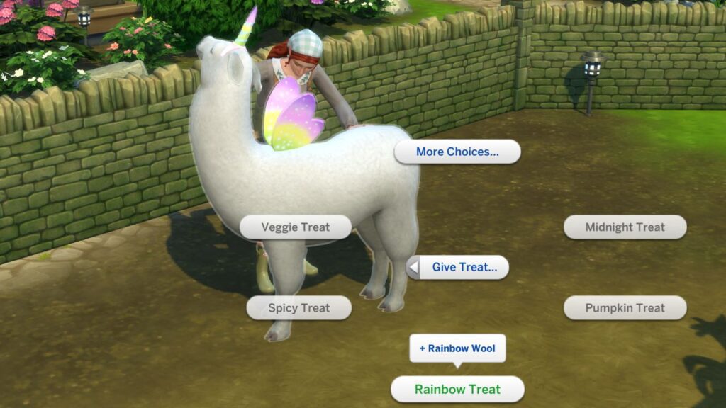 A screenshot from The Sims 4 showing how to feed a llama a rainbow treat