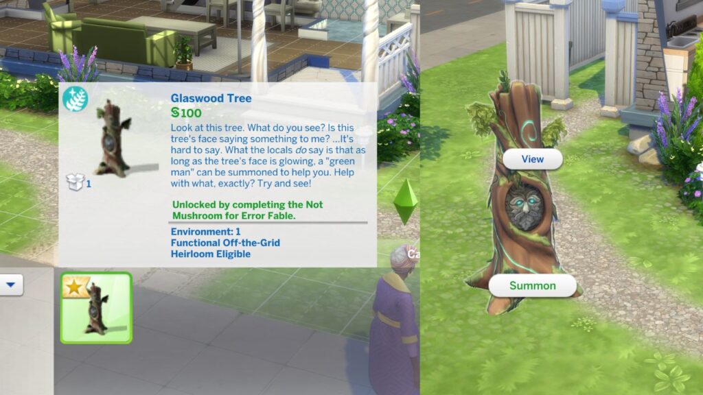 A screenshot from The Sims 4 showing the Glaswood Tree reward from the not mushroom for error fable 