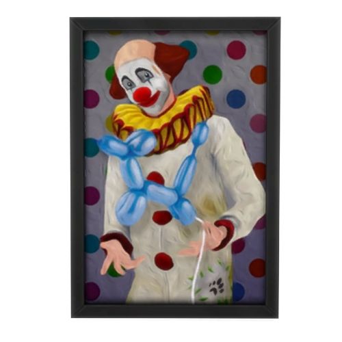 A screenshot from The Sims 4 showing a framed photo of a smiling clown
