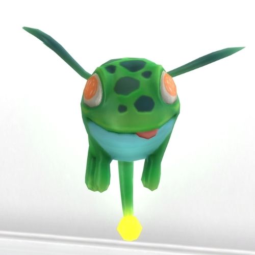 A screenshot from The Sims 4 showing the glow frog familiar with its tongue out