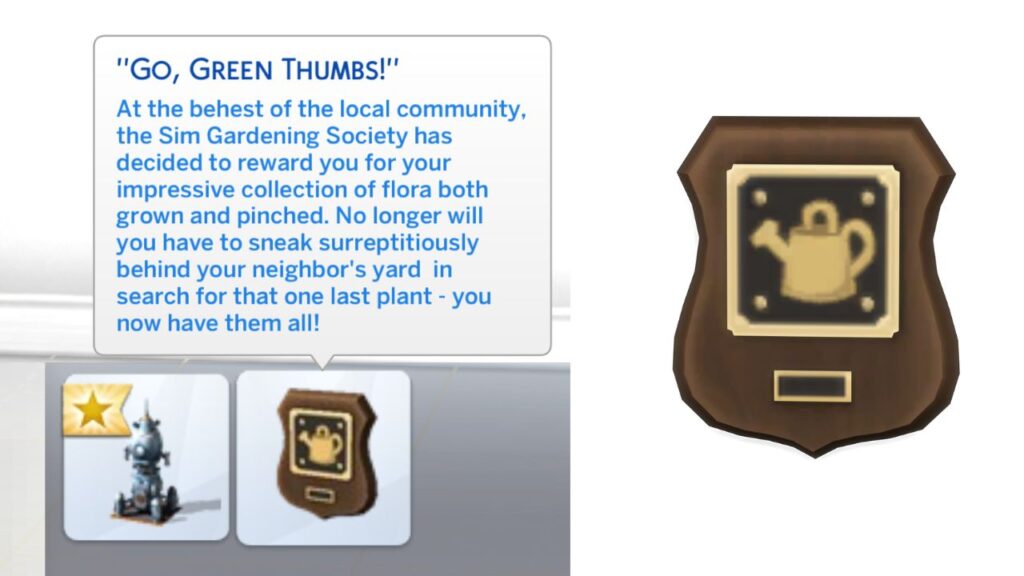 A screenshot from The Sims 4 showing the Go Green Thumbs plaque from the gardening collection