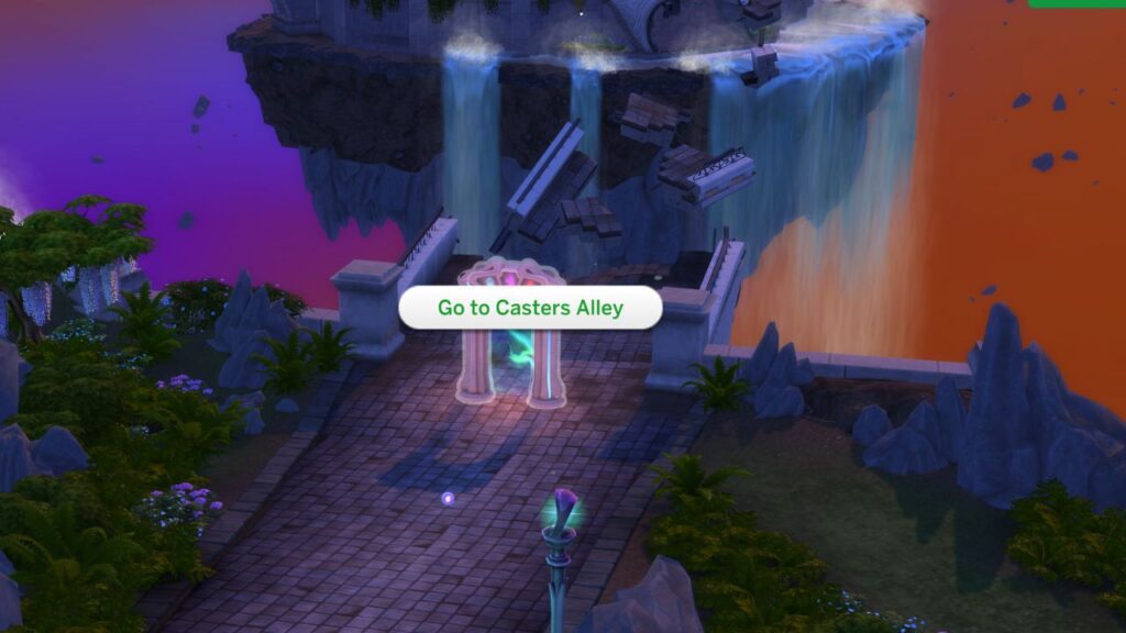 A screenshot from The Sims 4 showing how to go to caster's alley in the magic realm