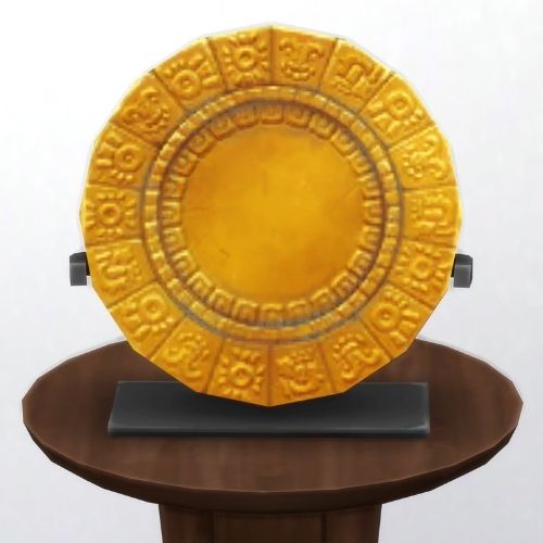 A screenshot from The Sims 4 showing a brown circle table and on top is a golden plate