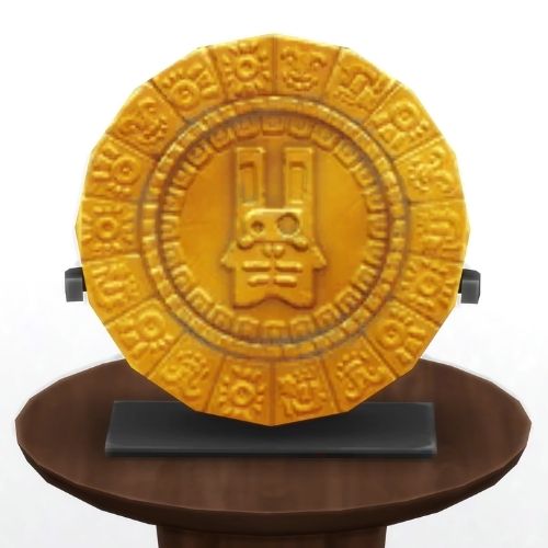 A screenshot from The Sims 4 showing a brown circle table and on top is a golden plate with a freezer bunny design