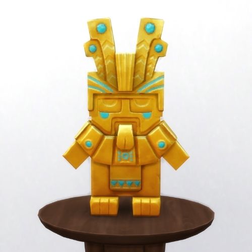 A screenshot from The Sims 4 showing a brown circle table and on top is a gold freezer bunny statue