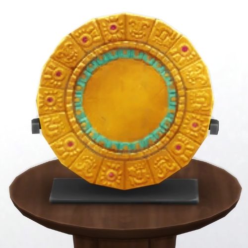 A screenshot from The Sims 4 showing a brown circle table and on top is a golden plate with a red and turquoise design