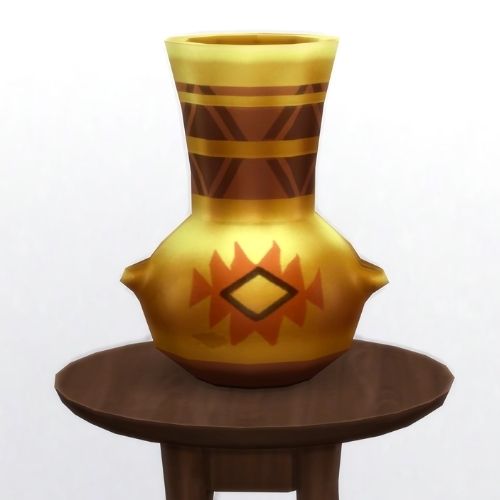 A screenshot from The Sims 4 showing a brown circle table and on top is a gold vase