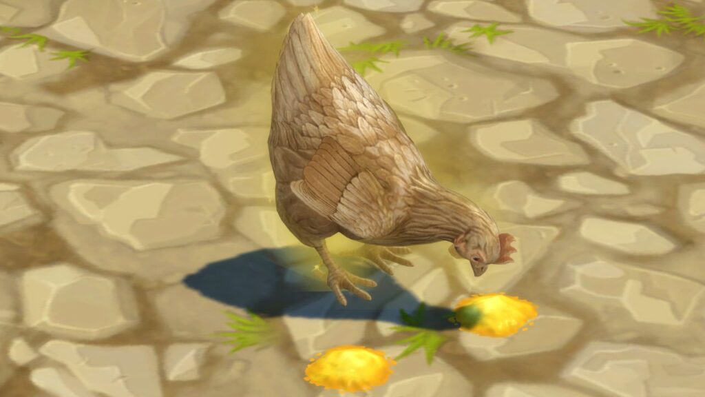 A screenshot from The Sims 4 showing a golden chicken eating