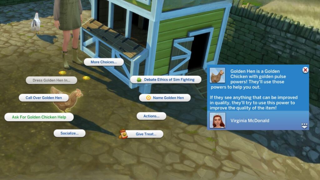 A screenshot from The Sims 4 showing how to ask for golden chicken help