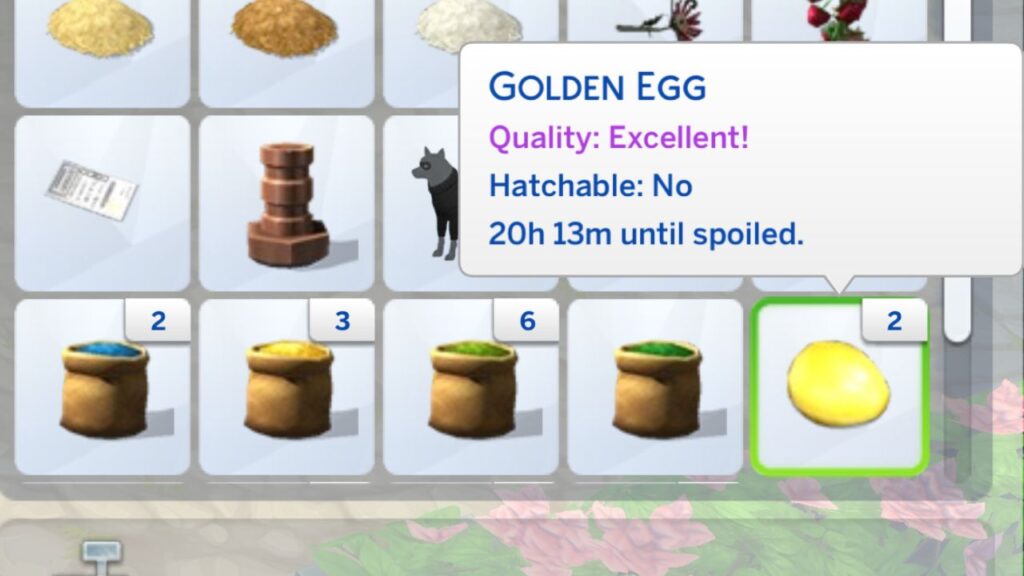A screenshot from The Sims 4 showing a golden egg in a sim's inventory