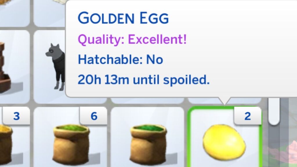 A screenshot from The Sims 4 showing a golden egg in a sim's inventory