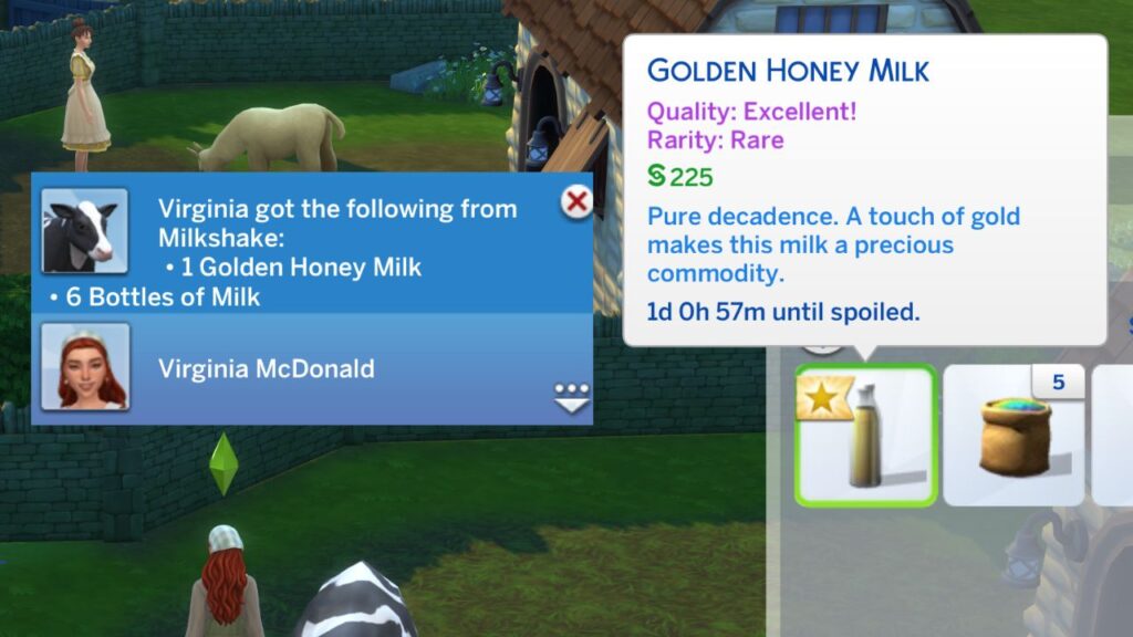 A screenshot from The Sims 4 showing golden honey milk in a sim's inventory 