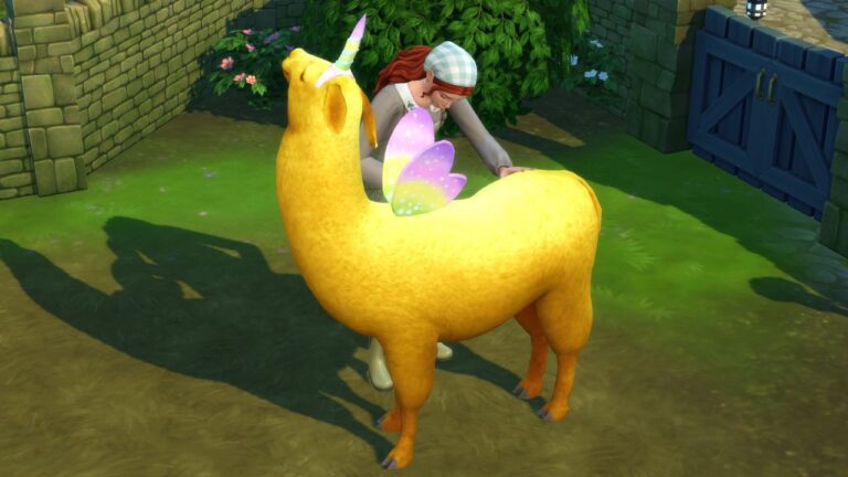 A screenshot from The Sims 4 showing a sim petting a golden llama dressed as a unicorn