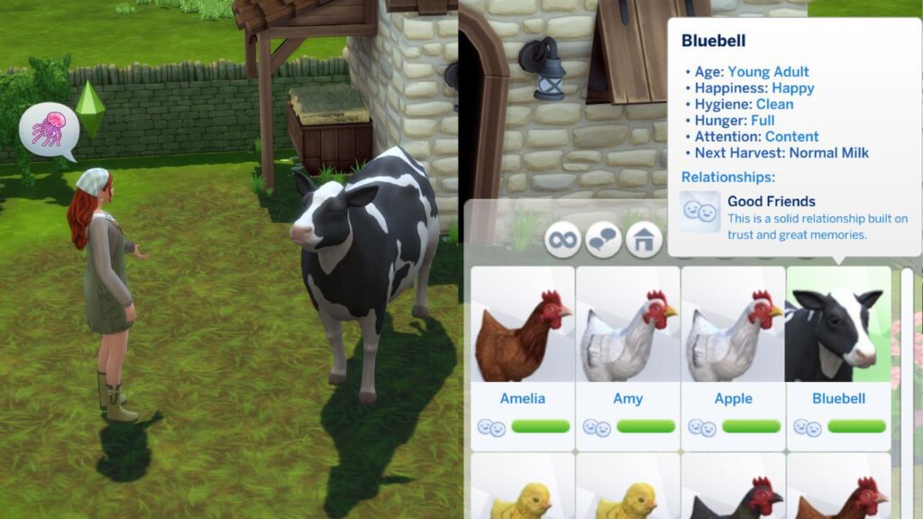 A screenshot from The Sims 4 showing a sim with a good relationship with their cow 