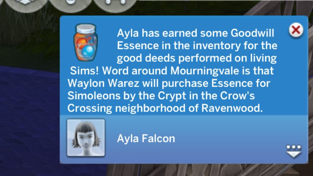 A screenshot from The Sims 4 showing a notification telling my sim they got a goodwill essence 