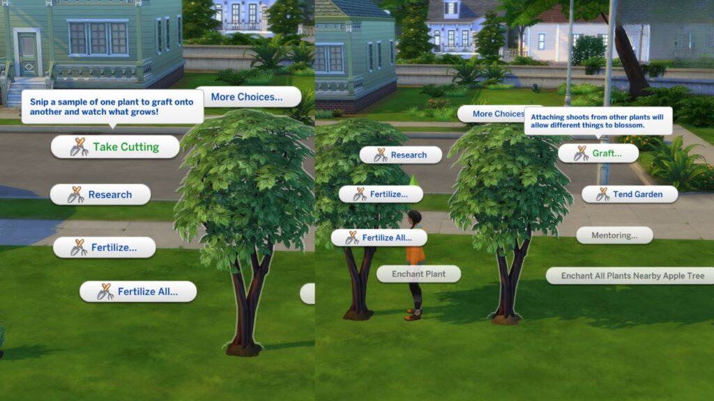 A screenshot from The Sims 4 showing how to take a cutting and graft plants