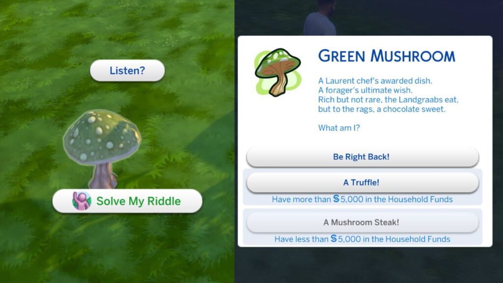 A screenshot from The Sims 4 showing a riddle for a green mushroom 