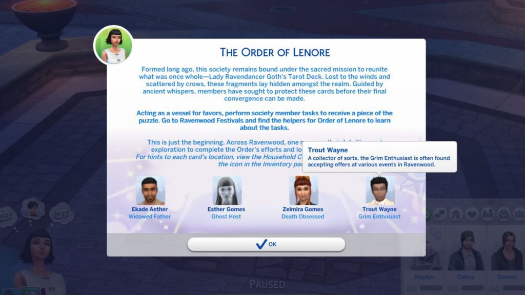 A screenshot from The Sims 4 showing the order of Lenore and the location for the grim enthusiast