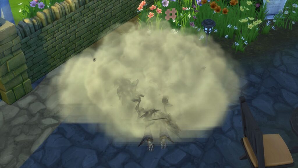 A screenshot from The Sims 4 showing a chicken fighting the grim reaper