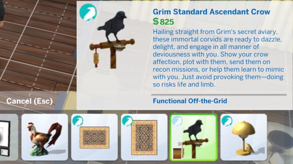 A screenshot from The Sims 4 showing the Grim Standard Ascendant Crow item in build mode 